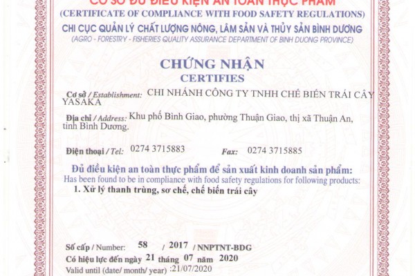 CERTIFICATE OF COMPLIANCE WITH FOOD SAFETY REGULATIONS